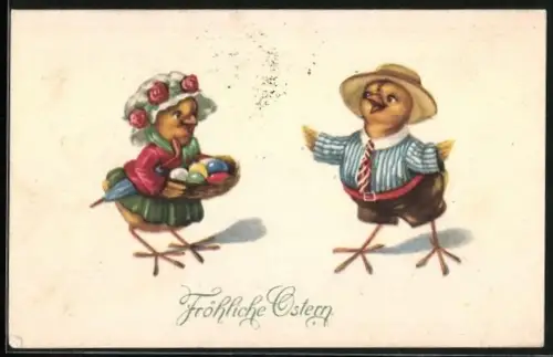 AK Osterküken in Menschen-Kleidung mit Ostereiern, Fröhliche Ostern