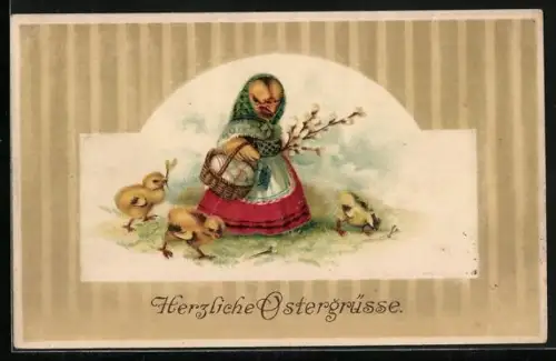 AK Osterküken-Mutter mit ihrem Kindern, Herzliche Ostergrüsse