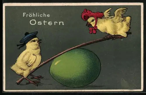 AK Osterküken auf der Eier-Wippe, Fröhliche Ostern