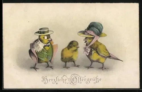 AK Eine Osterkükenfamilie macht einen Ausflug, Herzliche Ostergrüsse