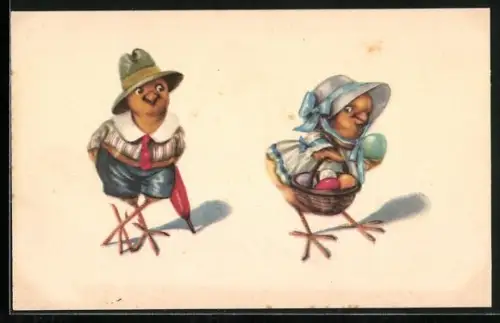AK Schüchternes Osterküken-Paar mit einem Korb voller Ostereier