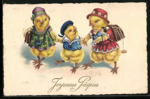 AK Drei Osterküken auf dem Weg zur Schule, Joyeuses Paques