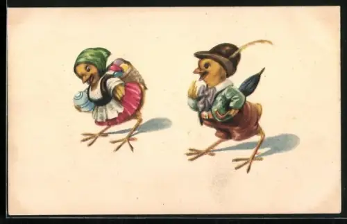 AK Osterküken-Paar mit Ostereiern und Schirm