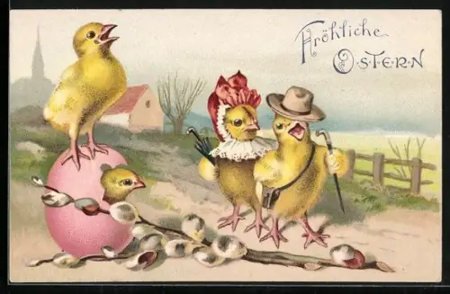 Lithographie Osterküken mit einem frisch geschlüpften Osterküken, Fröhliche Ostern