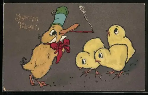 AK Osterküken beobachten ein rauchendes Entenküken, Joyeuses Paques
