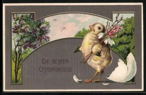 AK Osterküken mit Blumen und Weidenkätzchen, Die besten Ostergrüsse