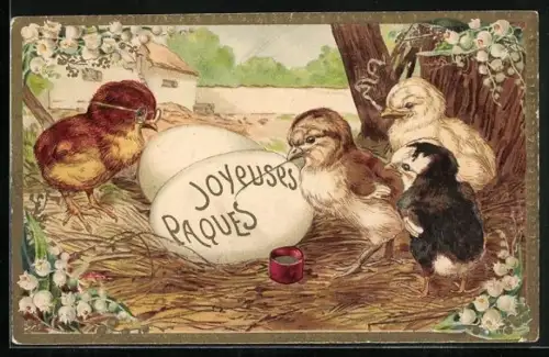 Präge-AK Osterküken bemalen Ostereier in ihrem Nest, Joyeuses Paques