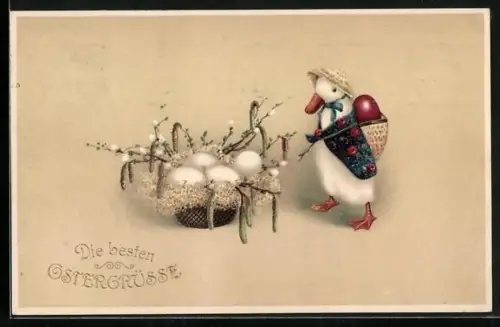 AK Entenküken mit einem Körbchen voller Ostereier, Ostergrüsse