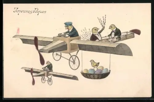 AK Osterküken fliegen in Flugzeugen, Joyeuses Paques