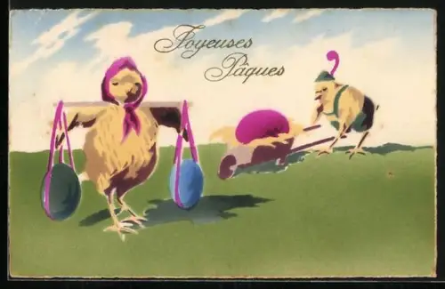AK Osterküken transportieren Ostereier, Joyeueses Paques