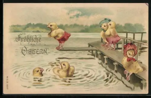 Lithographie Osterküken gehen in einem See baden, Fröhliche Ostern