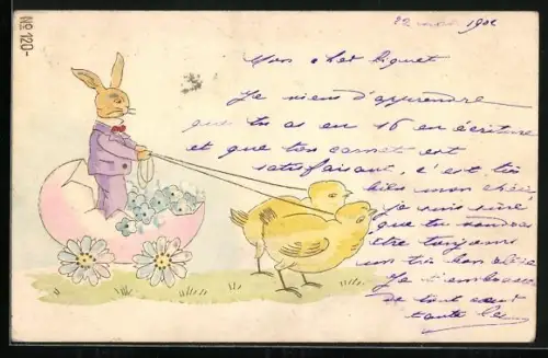 Präge-AK Osterhase in einer Kutsche, die von Osterküken gezogen wird