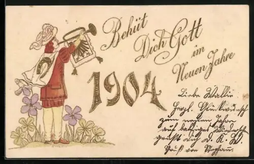 Lithographie Trompeter im Umhang mit Hufeisen und der Jahreszahl 1904, Behüt dich Gott im Neuen Jahre