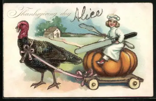 Präge-AK Thanksgiving day, Truthahn zieht kleinen Koch auf einem Wagen