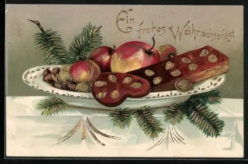Präge-AK Lebkuchen und Früchte in einer Schale, Ein frohes Weihnachtsfest