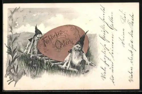 Lithographie Zwerge transportieren ein Osterei, Fröhliche Ostern