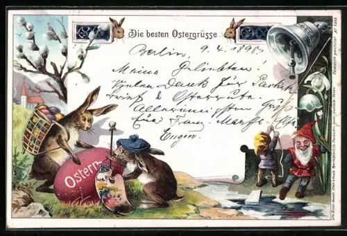 AK Zwerge läuten Glocken, Osterhasen bemalen ein Osterei, Die besten Ostergrüsse