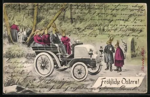 AK Osterhasen in einem Automobil im Wald, Fröhliche Ostern