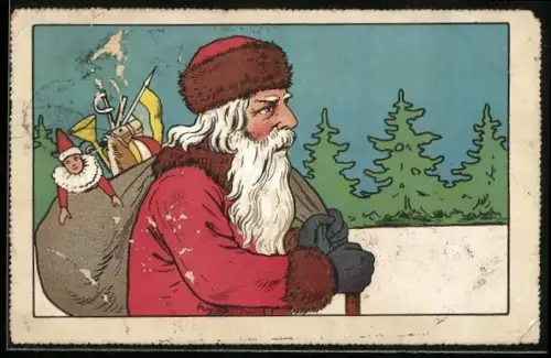 AK Weihnachtsmann mit einem Sack voll Geschenke