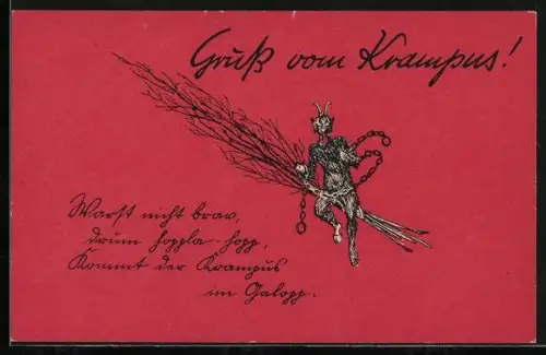 AK Krampus mit Rute, Warst nicht brav, darum hoppla-hopp, kommt der Krampus im Galopp