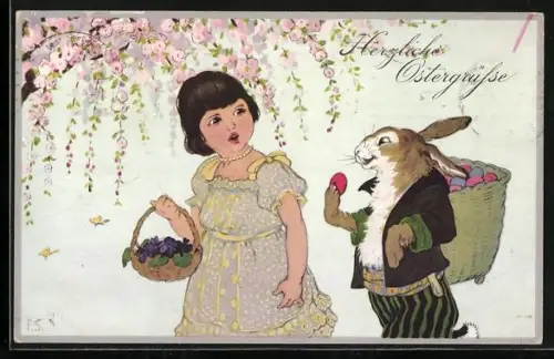 AK Osterhase mit einem Korb voller Ostereier redet mit einem Mädchen