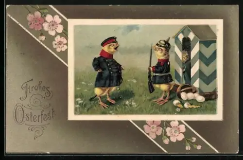 AK Osterküken auf Wachdienst vor dem Schilderhaus, Frohes Osterfest