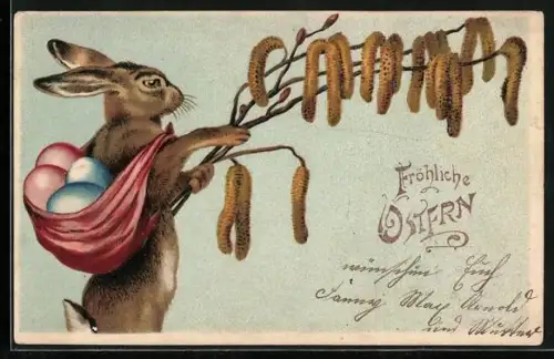 Präge-AK Osterhase mit einem Sack Ostereier auf dem Rücken, Fröhliche Ostern