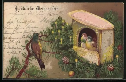 AK Vogelfamilie in einem Lebkuchenhaus, Fröhliche Weihnachten