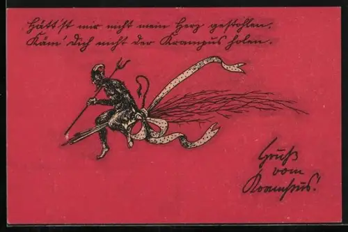 AK Krampus auf der Rute mit Schleife reitend