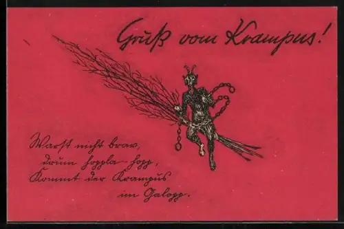 AK Krampus mit seiner Rute, Warst nicht brav, drum hoppla-hopp, kommt der Krampus im Galopp