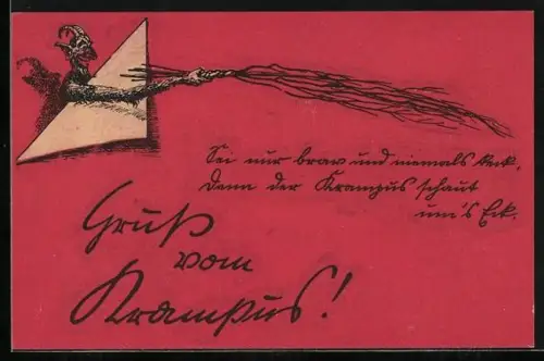 AK Krampus droht mit seiner Rute, Gruss vom Krampus