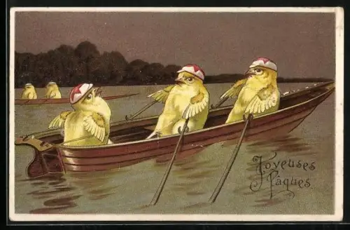 AK Osterküken im Ruderboot, Joyeuses Paques