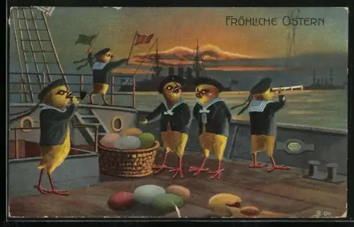 AK Osterküken auf einem Kriegsschiff, Fröhliche Ostern
