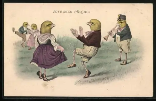AK Osterküken tanzen zu den Klängen eines Blasintrumentes miteinander, Joyeuses Paques
