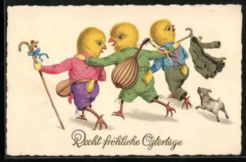 AK Drei Osterküken wandern mit Hund, Recht fröhliche Ostertage