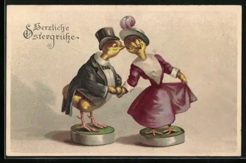 AK Elegantes Osterküken-Paar, Herzliche Ostergrüsse