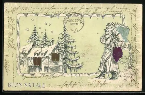 AK Weihnachtsmann im nächtlichem verschneiten Dorf, Buon Natale