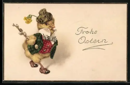 AK Osterküken in Anzug mit Weidenkätzchen, Frohe Ostern