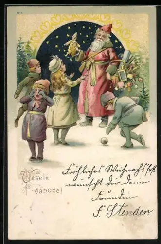 Lithographie Kinder mit dem Weihnachtsmann der Geschenke bringt, Vesele vanoce
