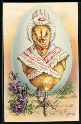 AK Osterküken in Haube vor einem Ei, Souvenir de Paques