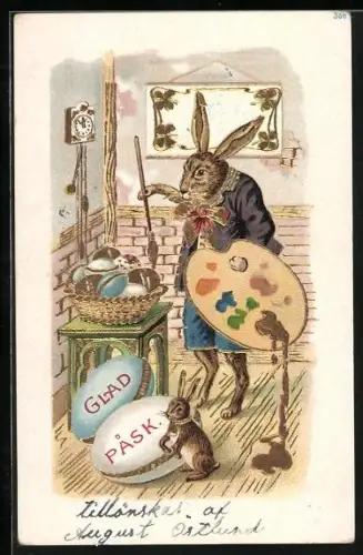 Lithographie Osterhase bemalt die Eier zum Feste, Glas Pask