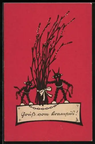 AK Zwei Krampi halten gemeinsam eine Kette und eine grosse Rute, Gruss vom Krampus