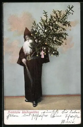 AK Weihnachtsmann mit Weihnachtsbaum und Rute, Fröhliche Weihnachten