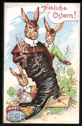 Lithographie Drei Osterhasen mit einem Stiefel und Ostereiern, Fröhliche Ostern