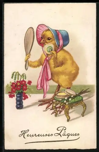 AK Osterküken mit Spiegel, Hereuses Paques