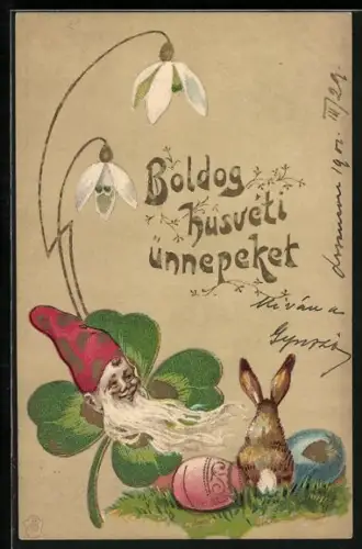 Lithographie Kleeblatt mit Zwergen-Gesicht und Osterhasen, Boldog husveti unnepeket