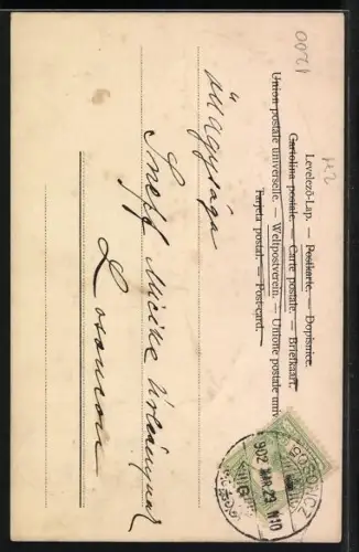 Lithographie Kleeblatt mit Zwergen-Gesicht und Osterhasen, Boldog husveti unnepeket