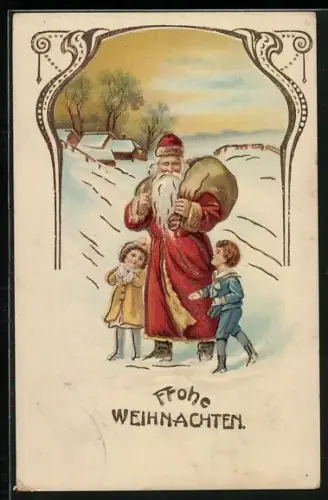 AK Weihnachtsmann mit zwei Kindern im Schnee, Frohe Weihnachten