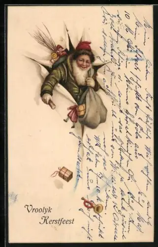 AK Weihnachtsmann mit einem Sack voller Geschenke platzt durch die Karte, Vroolyk Kerstfeest