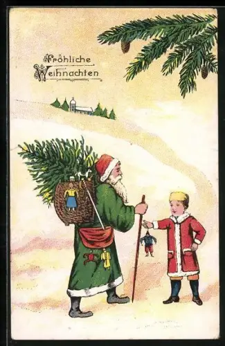 AK Weihnachtsmann trifft auf Jungen im Schnee, Fröhliche Weihnachten
